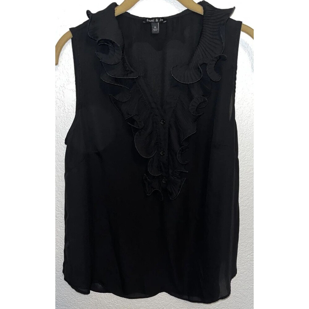 Sami Jo Blouse Top Women Size Med. Ruffled Neckline Black
